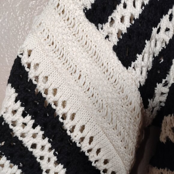 ZARA LIMITED EDITION Striped OPENWORK KNIT Boho Sweater BLACK & WHITE Size L - Picture 2 of 12